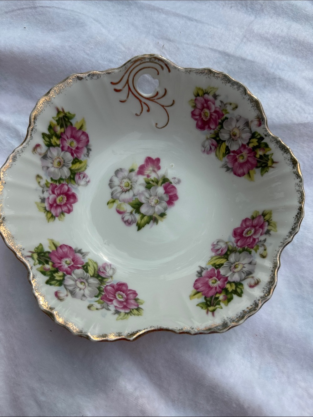Vintage Floral Porcelain Serving Bowl - Pink & White